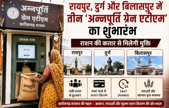 रायपुर, दुर्ग और बिलासपुर में तीन ‘अन्नपूर्ति ग्रेन एटीएम‘ का शुभारंभ, राशन की कतार से मिलेगी मुक्ति