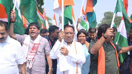 मुख्यमंत्री विष्णु देव साय के साथ जनप्रतिनिधि और बड़ी संख्या में आम नागरिक हाथ में तिरंगा लेकर यात्रा में शामिल हुए