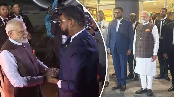 पीएम मोदी 56 साल में गुयाना पहुंचने वाले पहले भारतीय प्रधानमंत्री, पूरी कैबिनेट स्वागत करने आई
